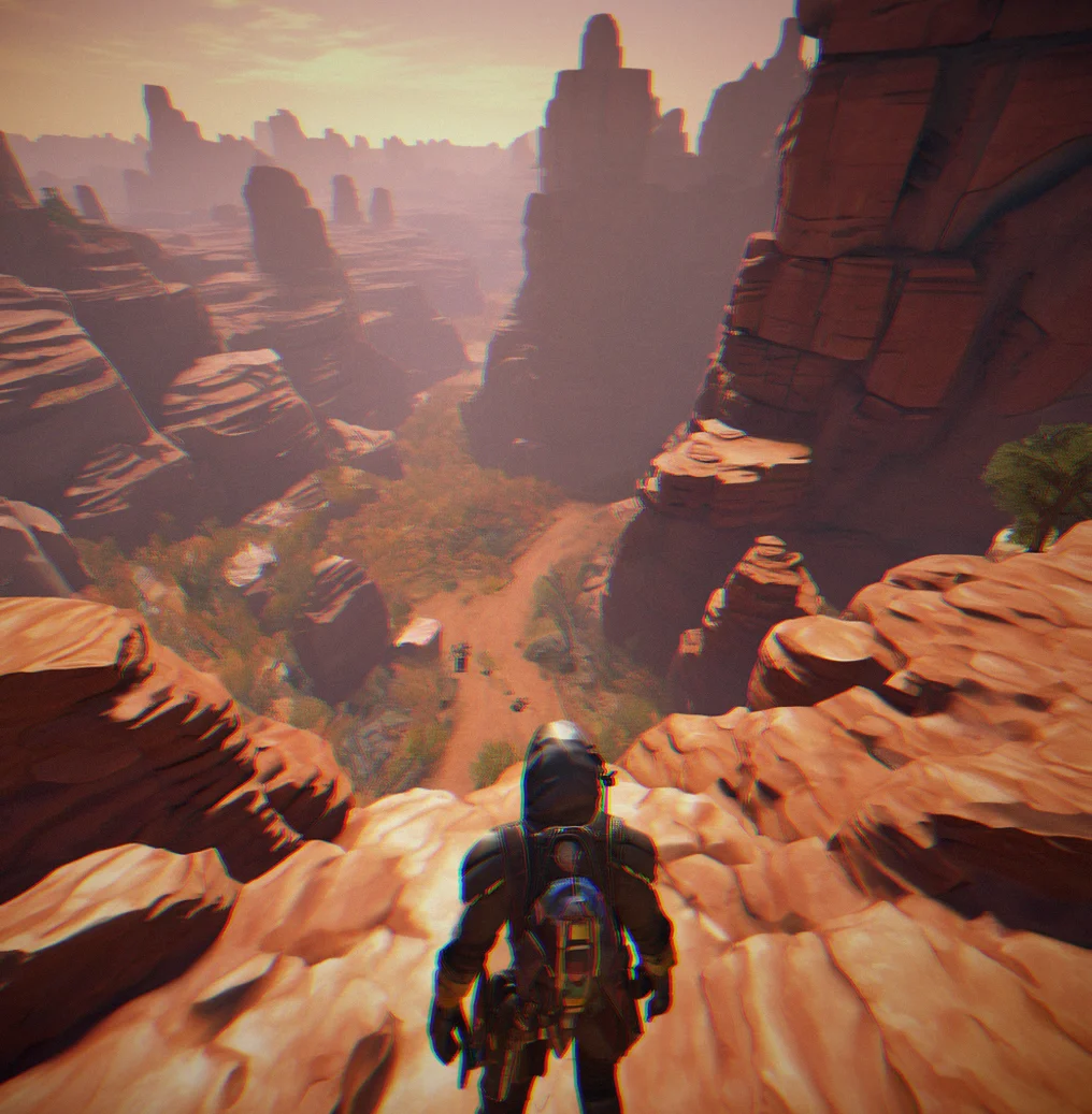 First-person view descending into a procedurally generated canyon with layered rock formations and winding passage ahead