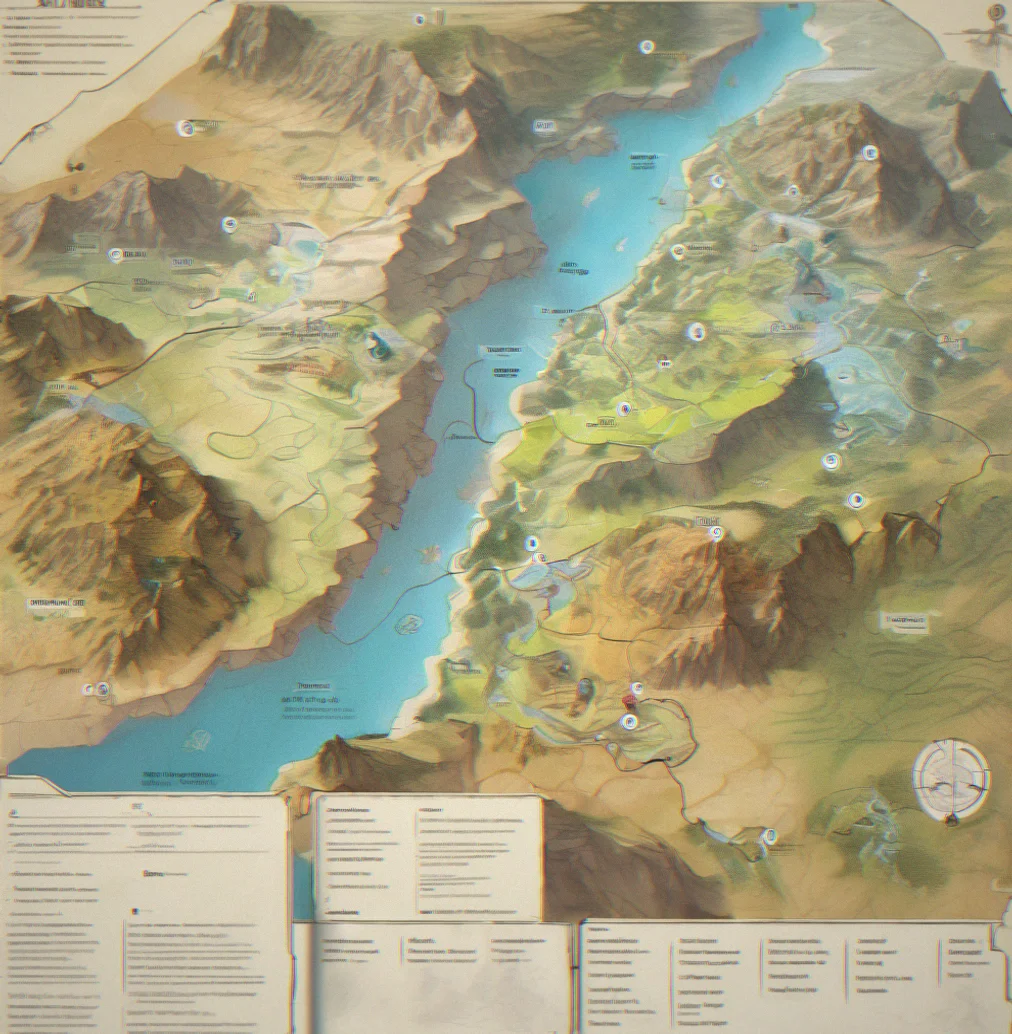 Atlas interface showing hand-annotated map with terrain contours, mraked landmarks and coordinates from active exploration session