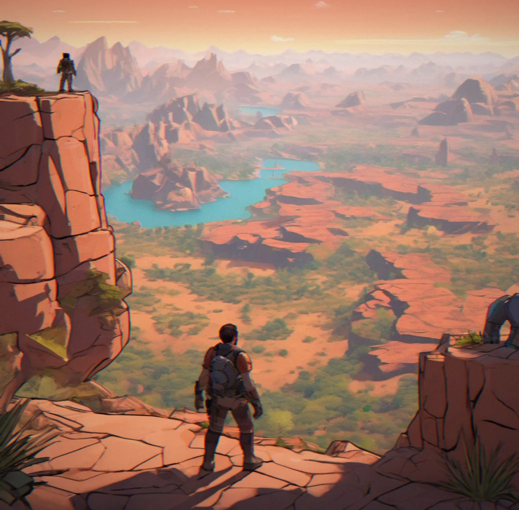 Elevated ridge viewpoint overlooking multiple biome transitions with distinct geological features and unexplored terrain visible in distance