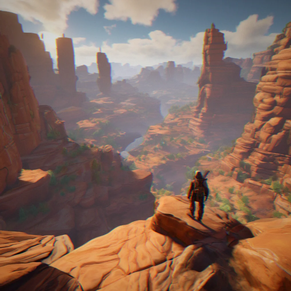 Player traversing a canyon system with procedurally generated rock formations and real-time terrain rendering as altitude changes