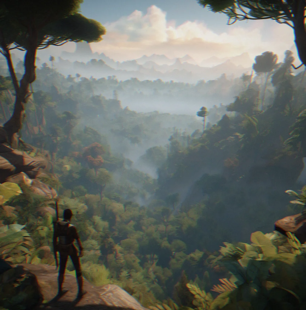 Dense forest biome with dynamic weather system showing fog obscuring distant landmarks and affecting visibility