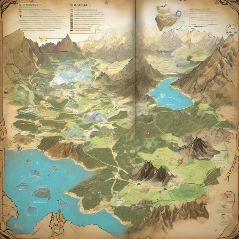 Atlas interface showing hand-drawn style map annotations with landmarks marked and terrain contours filled in from exploration