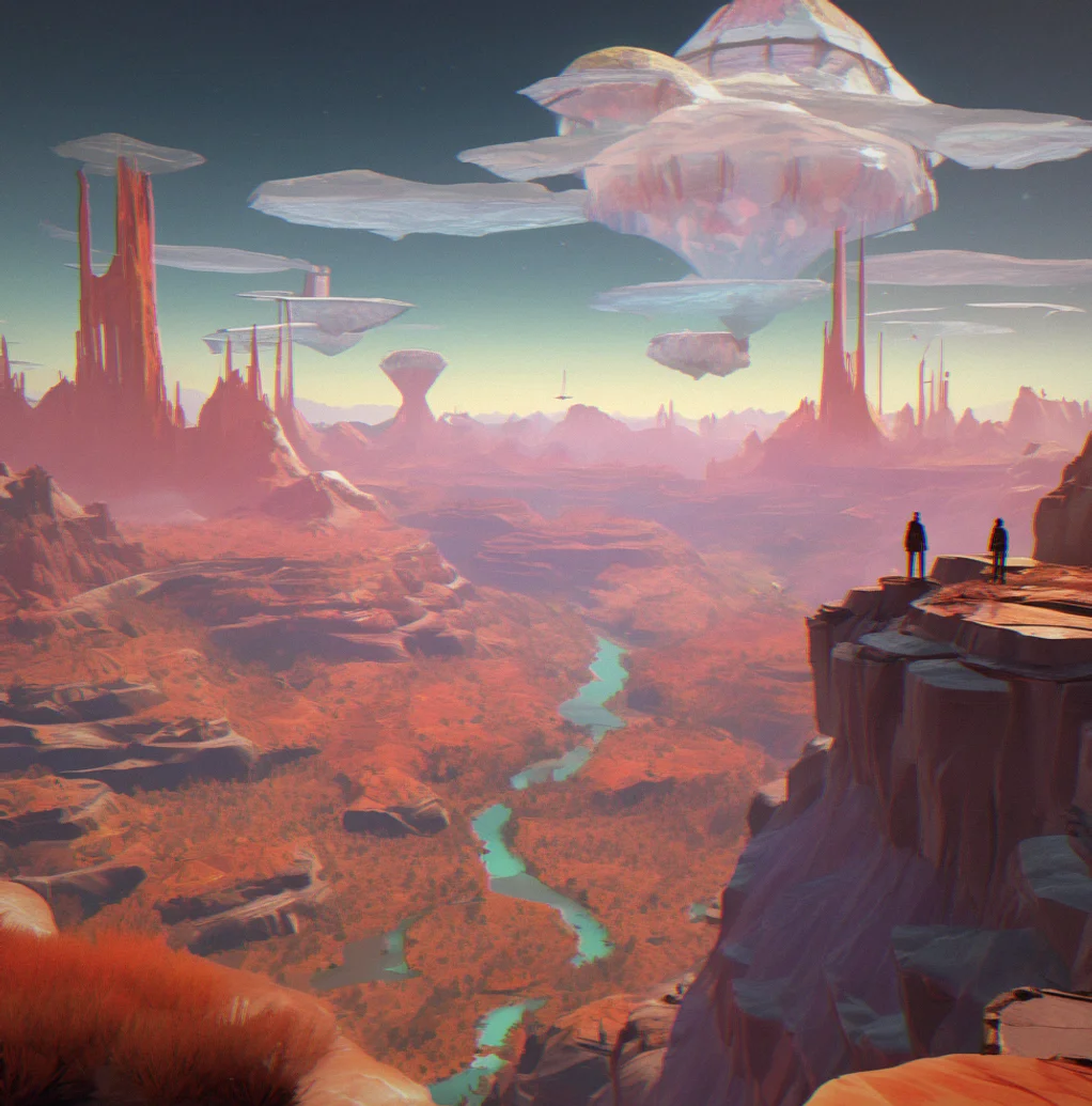 Elevated vista showing multiple biome transitions with thermal vents, crystalline formations and layered geological features