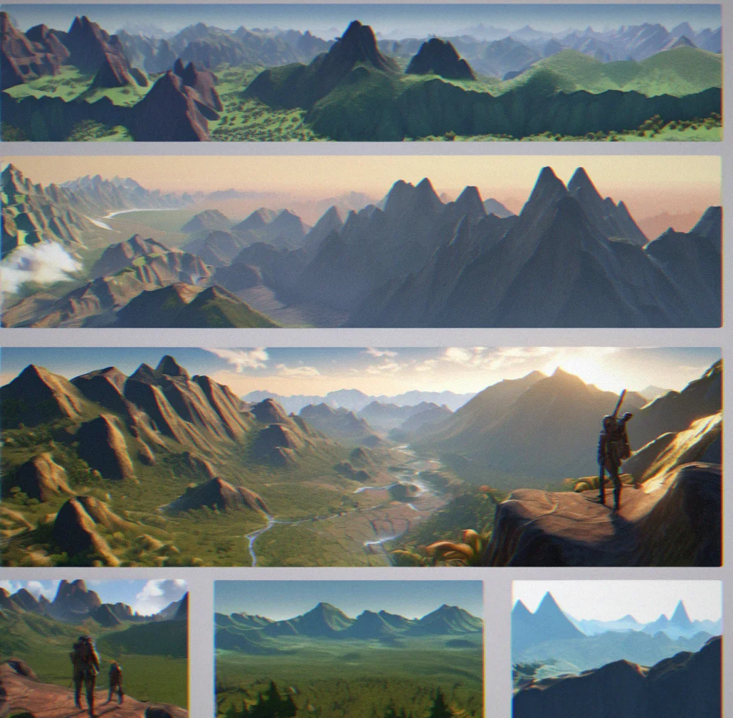 Procedurally generated mountain range with procedural valleys and varied biome transitions showing real-time cartography system